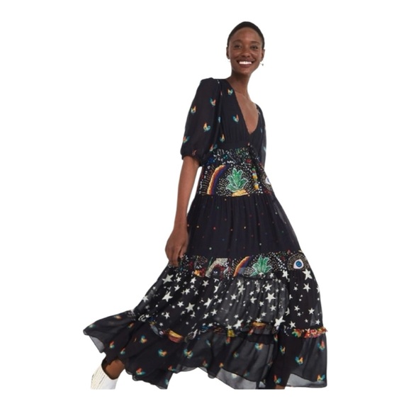 Farm Rio size small mixed stardust maxi dress Celestial Black chickens tiered - Picture 1 of 12